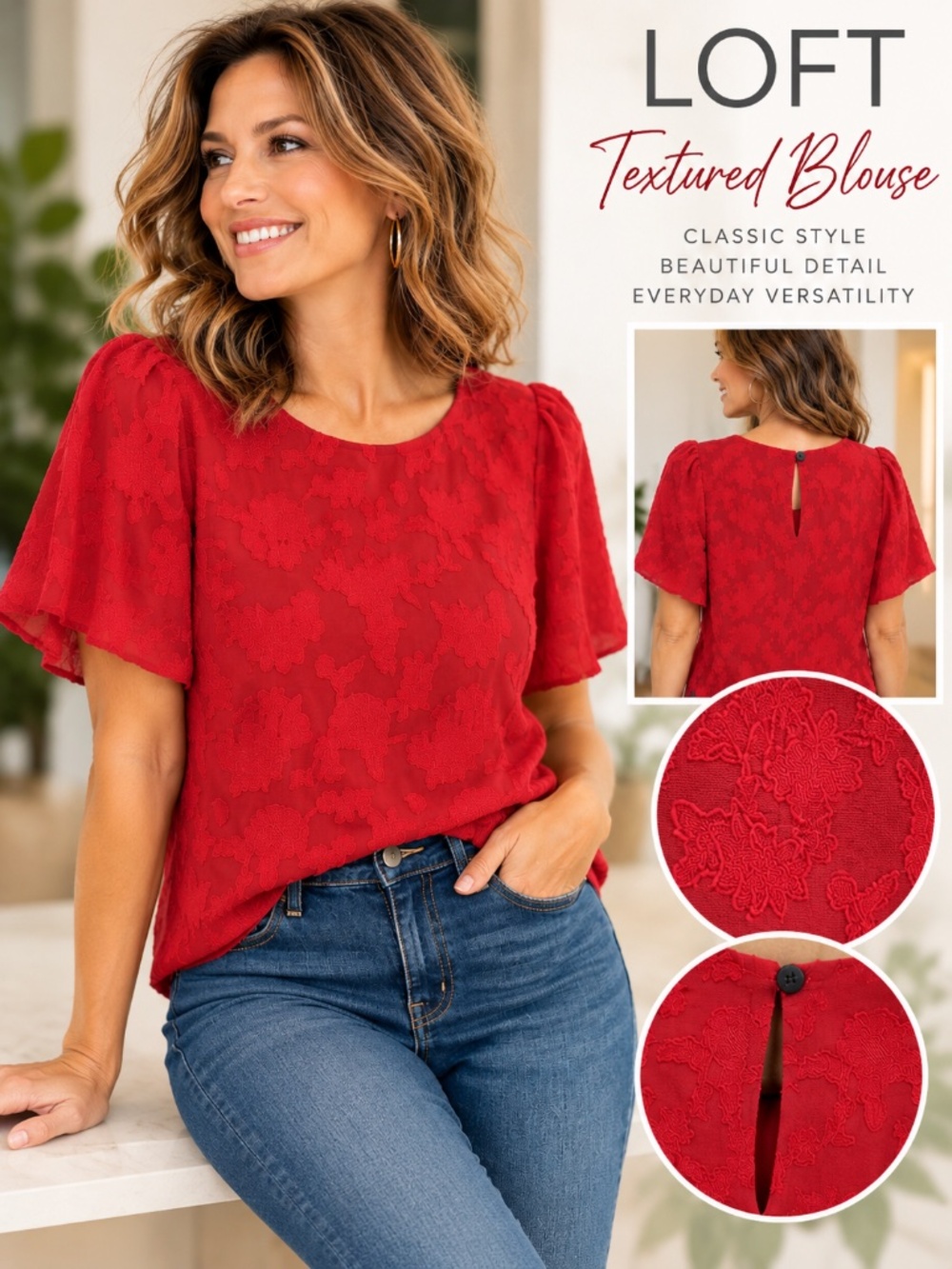 LOFT Red Textured Floral Blouse – Size Medium